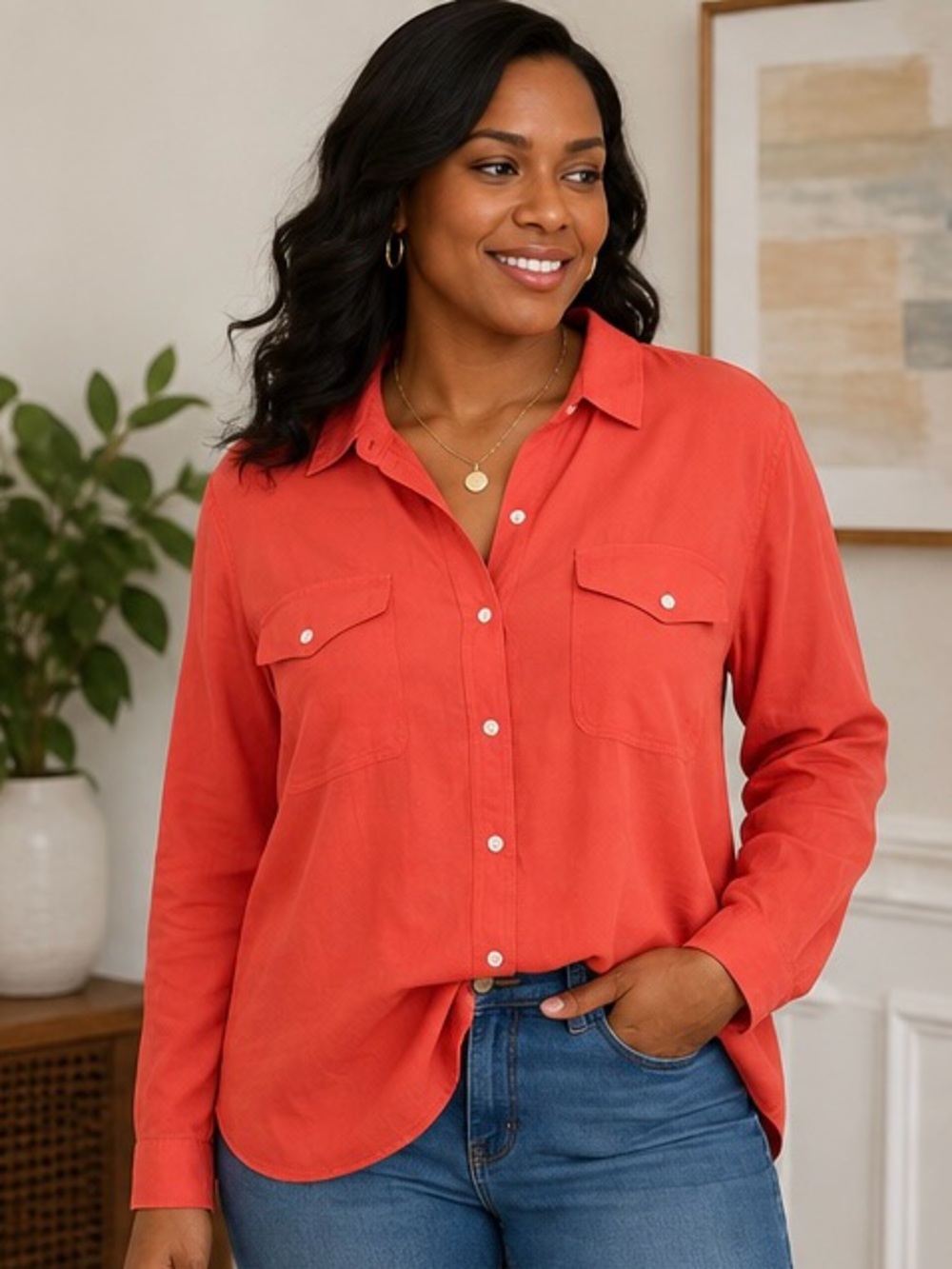 LOFT Ann Taylor Coral Button Front Blouse Women’s XL 100% Rayon Long Sleeve